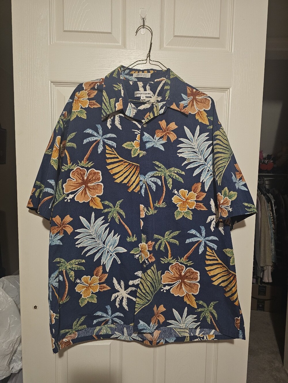 Pierre Cardin Navy Tropical Floral Button-Down Camp Hawaiian Style Shirt Sz XL